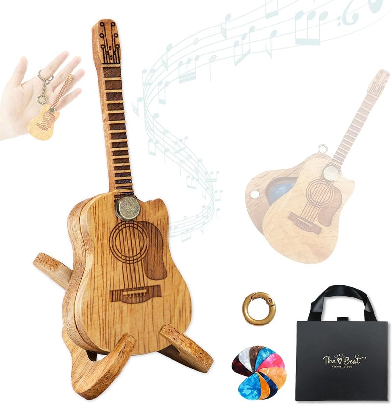 EGOBUY Wooden Guitar Pick Holder, Acoustic Guitar Pick Case, Guitar Pick Box with Stand/Picks, Mini Guitar Shaped Guitar Accessories Keychain Decor, White Elephant Gifts for Men, Music Lovers - Image 1